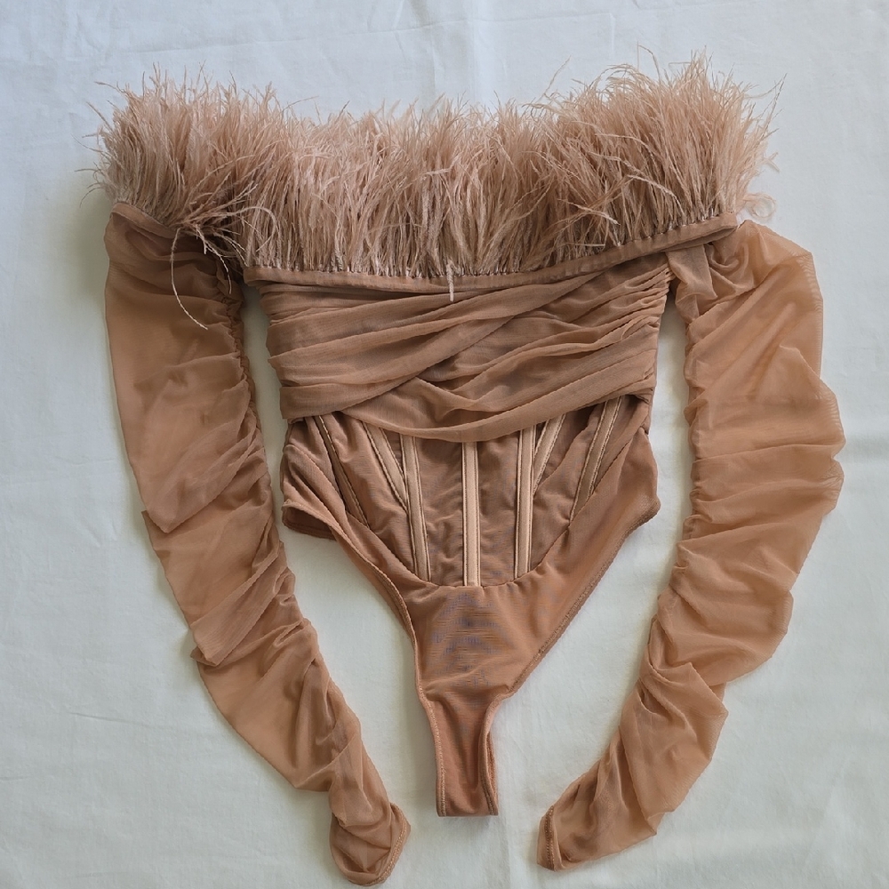 House of CB Feather Trimmed Mesh Top